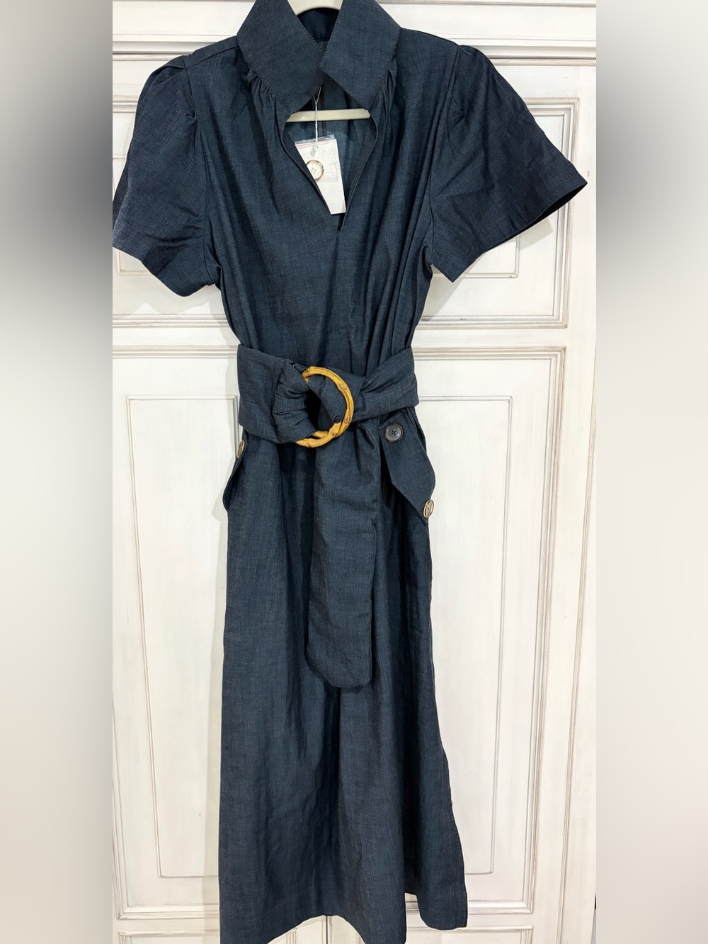 NWT SZ S/M Holly Shae Navy Short Sleeve Belted Midi Dress